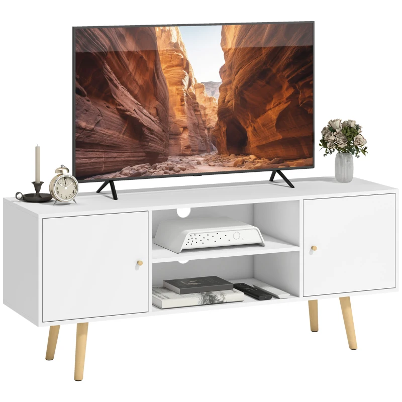 HOMCOM TV Stand Cabinet for TVs up to 55 Inches, Entertainment Unit with Storage Shelves and Wood Legs for Living Room, White