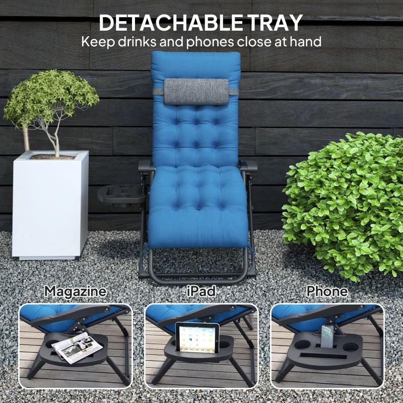Outsunny Padded Folding Recliner Chair, Patio Lounger with Cupholder, Adjustable Backrest, Removable Cushion, Navy Blue