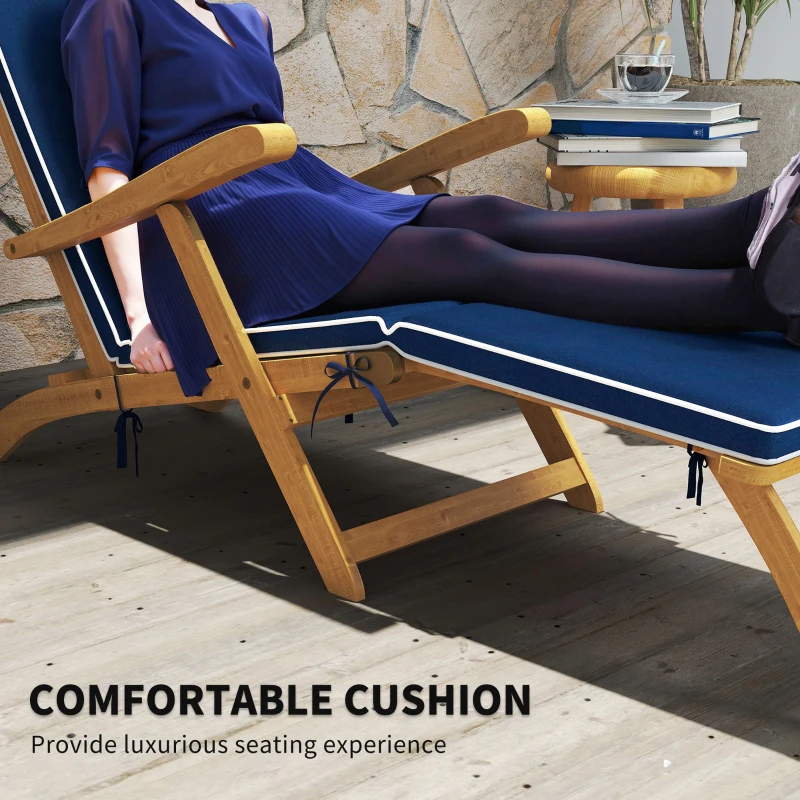 Outsunny Folding Patio Lounge Chair with Padded Cushion, Acacia Wood Patio Lounger Recliner with Footrest for Garden, Navy Blue