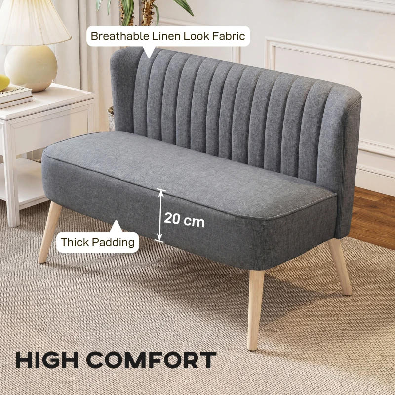HOMCOM Modern 2 Seat Sofa for Bedroom, Upholstered Two Seater Couch with Rubber Wood Legs, Light Grey