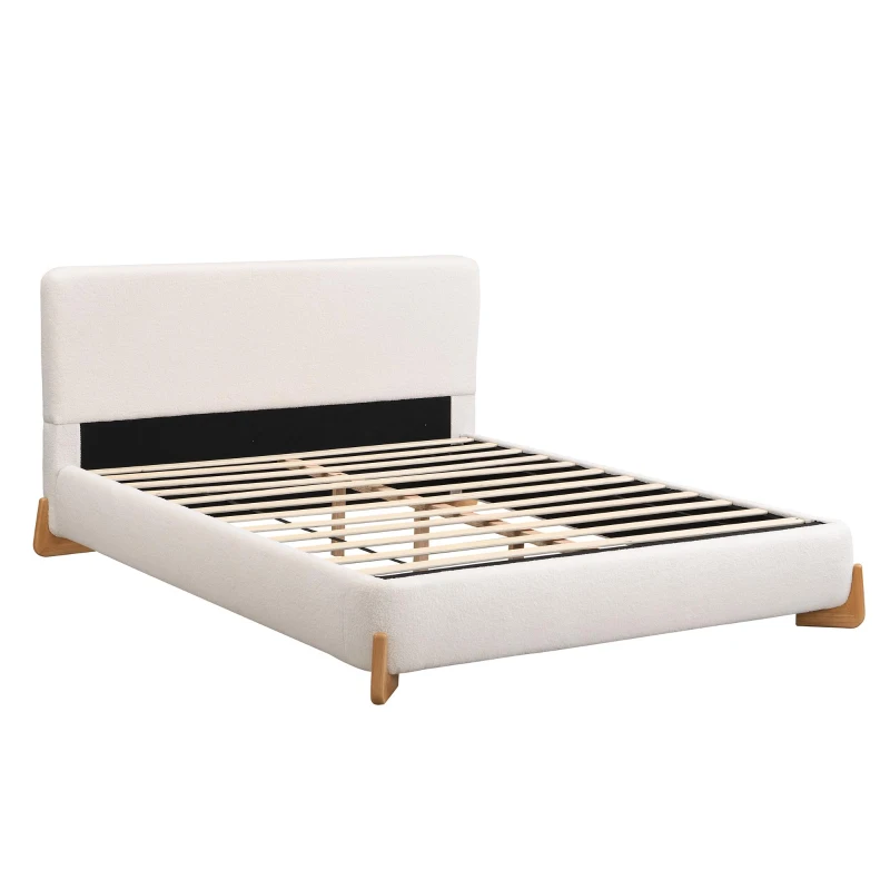Queen-Size Boucle Upholstered Bed with 12 Wooden Slats & 3 Support Legs, Durable Bed Frame with Solid Feet, 88'' L x 69'' W x 38'' H, White