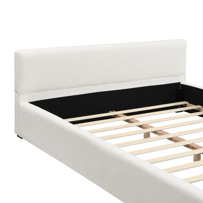 Queen Wide-Edge Bed with 12 Wooden Slats & 3 Support Legs, Solid Bed Frame with a Sturdy Stand, 87.5'' L x 66.5'' W x 27.5''H cm, Beige