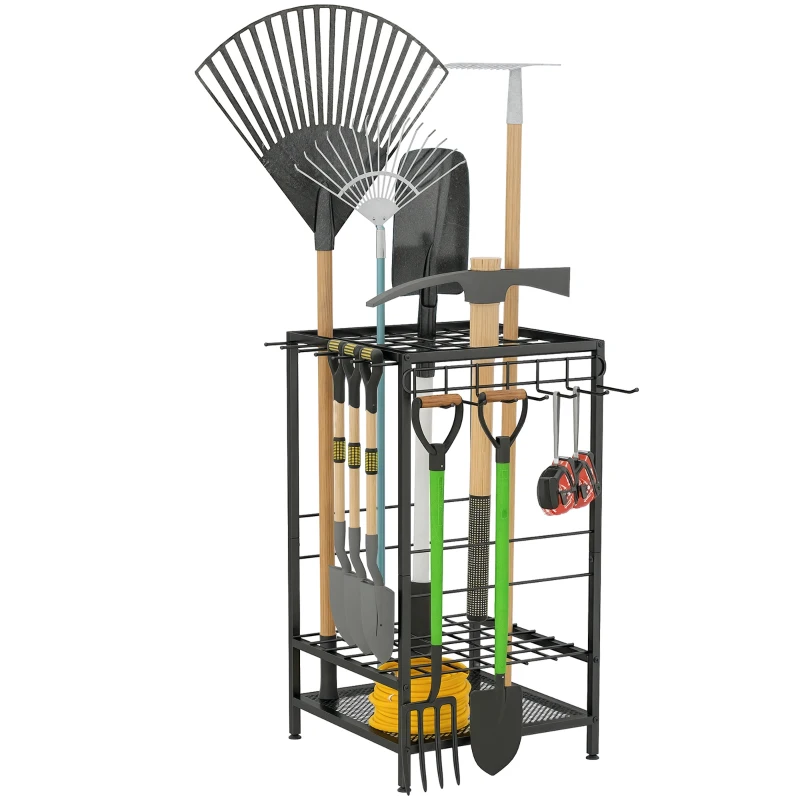 Outsunny 3-Tier Yard Tool Tower Rack, Garden Tool Organizer with 14 Hooks for Long-Handled Rakes, Shovel, Broom, Black
