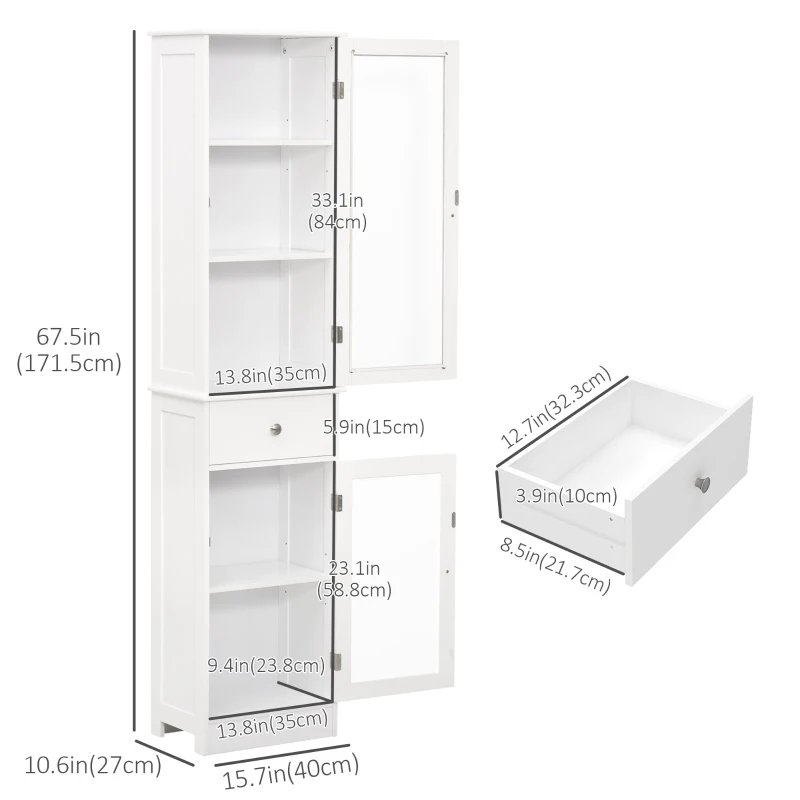 kleankin Tall Bathroom Cabinet, Bathroom Storage Cabinet with Drawers, 2 Doors and Adjustable Shelves, White