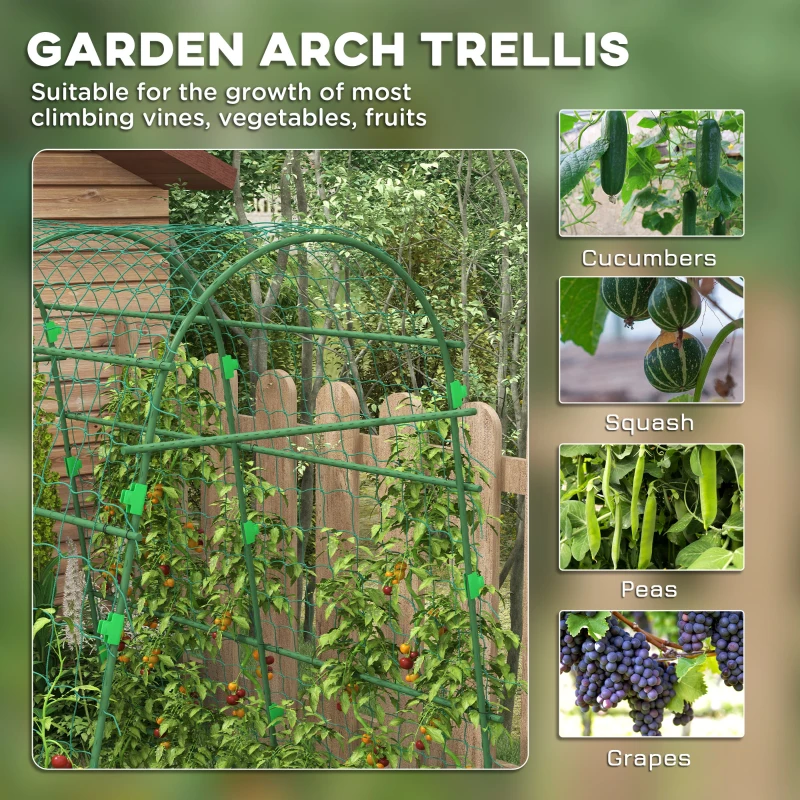 Outsunny Arched Garden Trellis w/ Climbing Net Metal Cucumber Plant Trellis A-Frame for Climbing Plants 57" x 66" x 81"