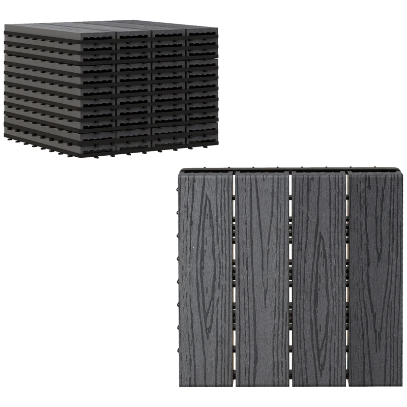 Outsunny WPC Interlocking Deck Tiles, 11 Pack 12" x 12" Outdoor Tiles, Tools Free Assembly, Waterproof and Non-slip Patio Flooring, Grey