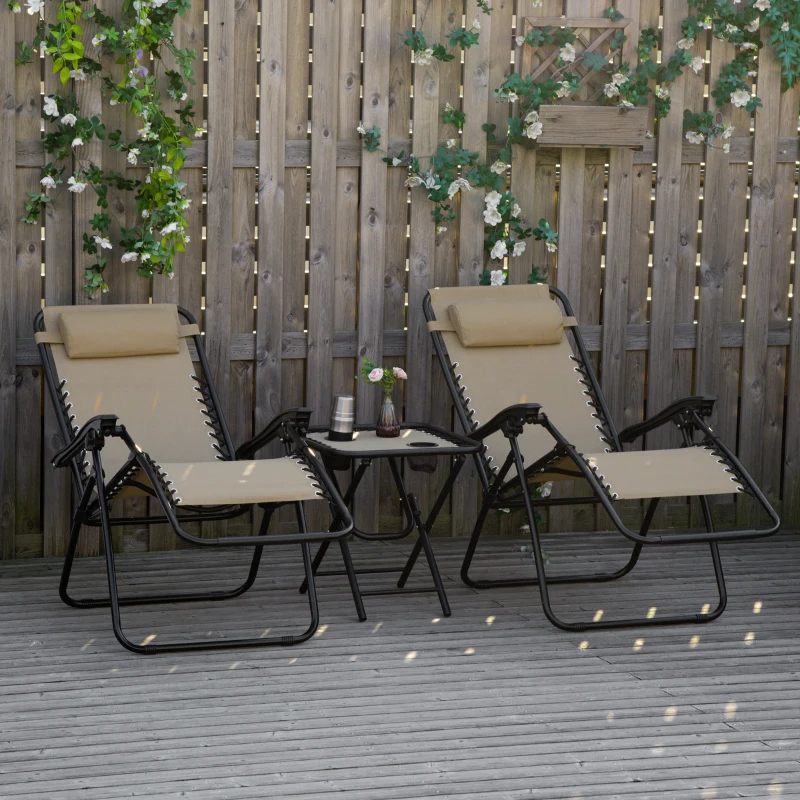 Outsunny Zero Gravity Chair Set of 2 Patio Chair with Side Table Cupholders and Pillows for Pool, Backyard, Lawn, Beige