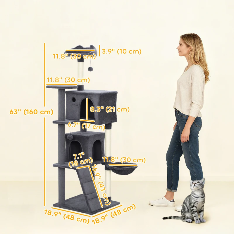 PawHut 63 Inch Cat Tree with Sisal Scratching Posts, Condos, Plush Perches, Hammock, Ladder, Dangling Balls, Dark Grey