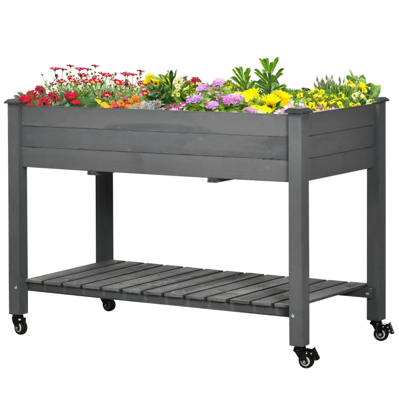 Outsunny Mobile Raised Garden Bed Elevated Wood Planter Box with Lockable Wheels, Storage Shelf for Herbs Vegetables, Dark Grey