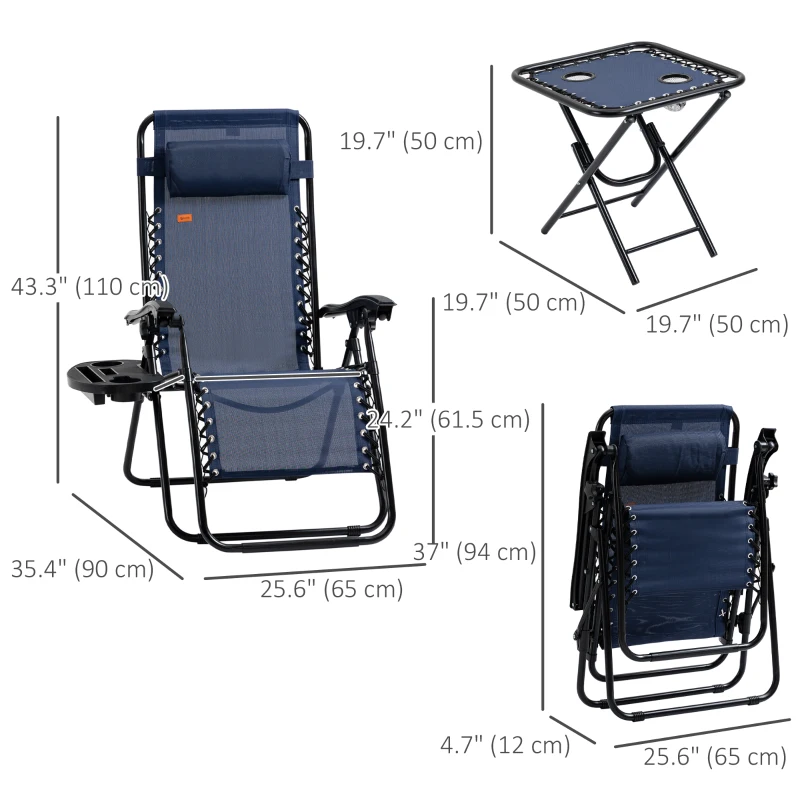 Outsunny Zero Gravity Chair Set of 2 Patio Chair with Side Table Cupholders and Pillows for Pool, Backyard, Lawn, Beach, Blue