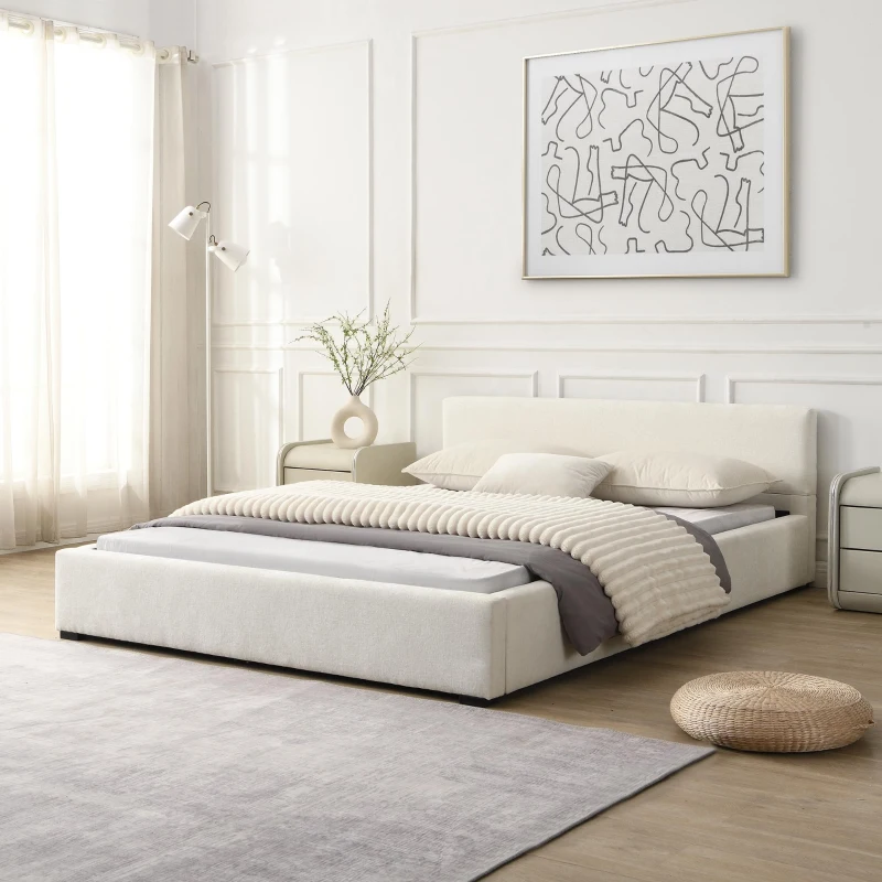 Queen Wide-Edge Bed with 12 Wooden Slats & 3 Support Legs, Solid Bed Frame with a Sturdy Stand, 87.5'' L x 66.5'' W x 27.5''H cm, Beige