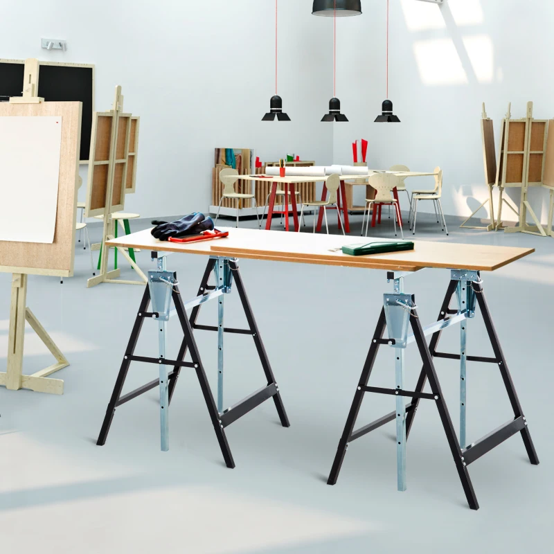 HOMCOM Set of 2 Adjustable Telescopic Builders Trestle, DIY Steel Work Bench Carpenter, Folding Saw Horse Tools Black