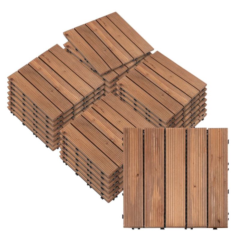 Outsunny 27 Pcs Wood Interlocking Deck Tiles, 12 x 12in Outdoor Flooring Tiles for Indoor and Outdoor Use, Tools Free Assembly, Brown