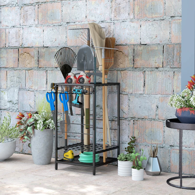 Outsunny 3-Tier Yard Tool Tower Rack, Garden Tool Organizer with 14 Hooks for Long-Handled Rakes, Shovel, Broom, Black