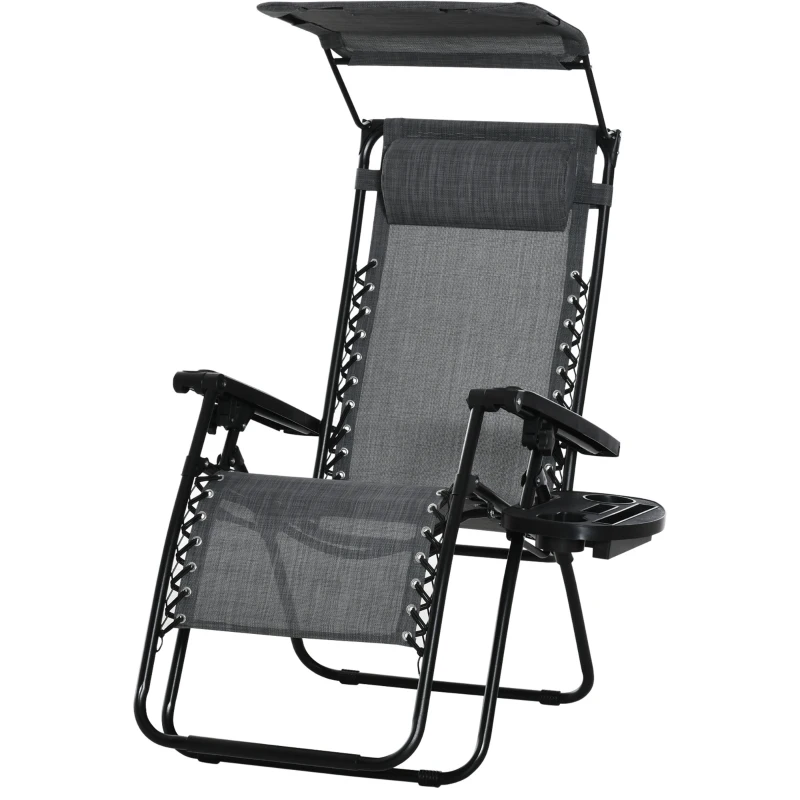 Outsunny Outdoor Zero Gravity Reclining Lounger Chair with Canopy Shade, Side Tray, Cupholder, Light Grey