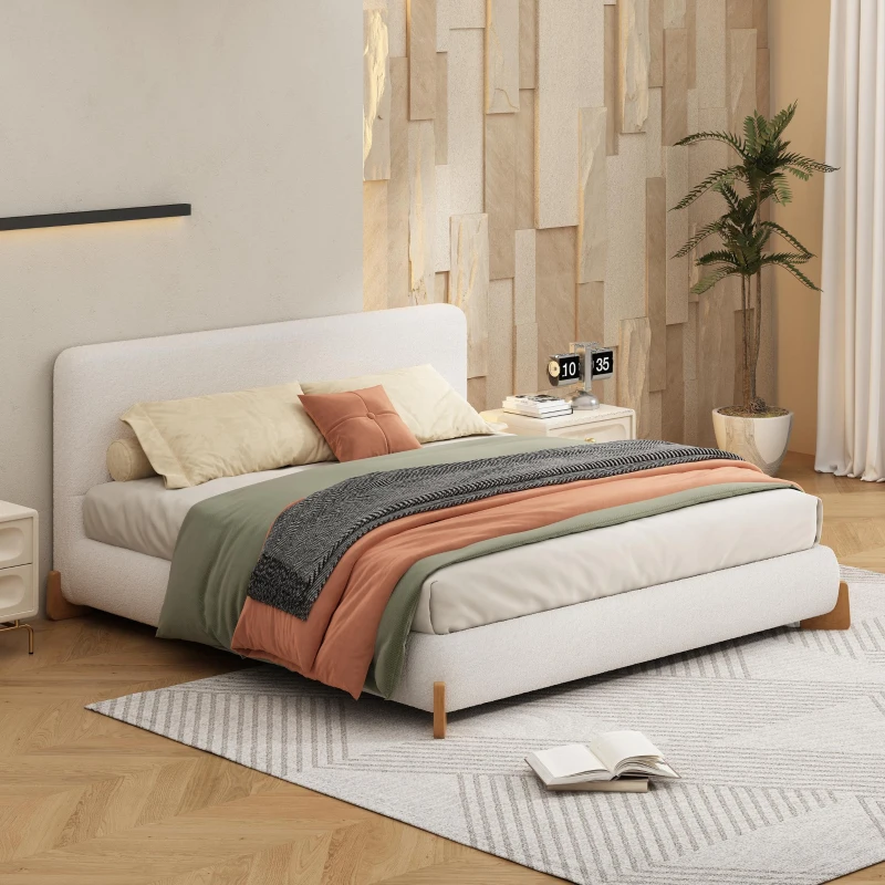 Boucle Upholstered King Bed with 12 Wooden Slats and Solid Feet, Comfortable Bed Frame for Superior Support, 88'' L x 85'' W x 38'' H, White