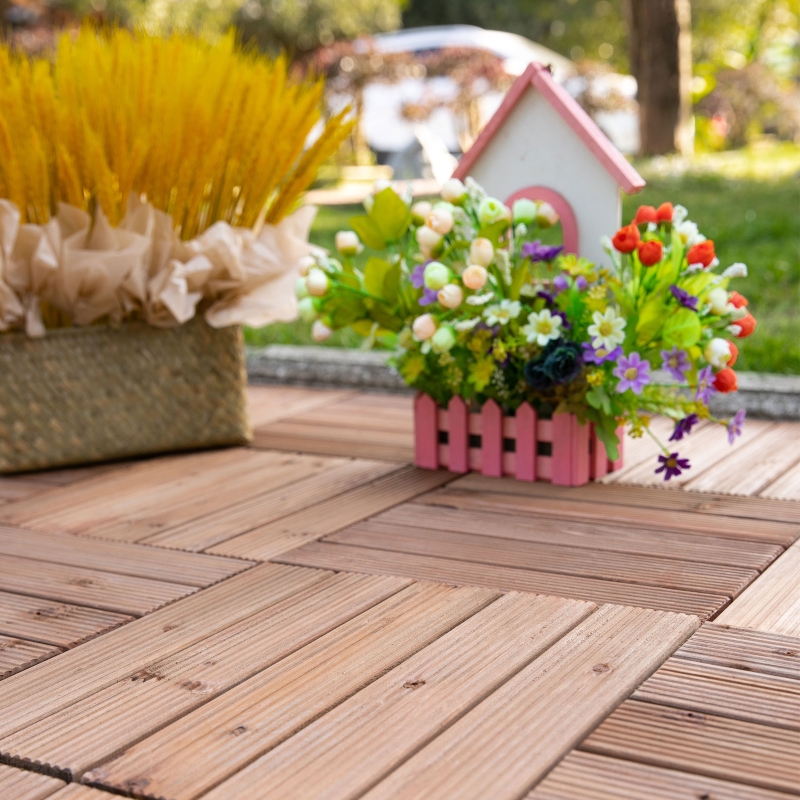 Outsunny 27 Pcs Wood Interlocking Deck Tiles, 12 x 12in Outdoor Flooring Tiles for Indoor and Outdoor Use, Tools Free Assembly, Brown
