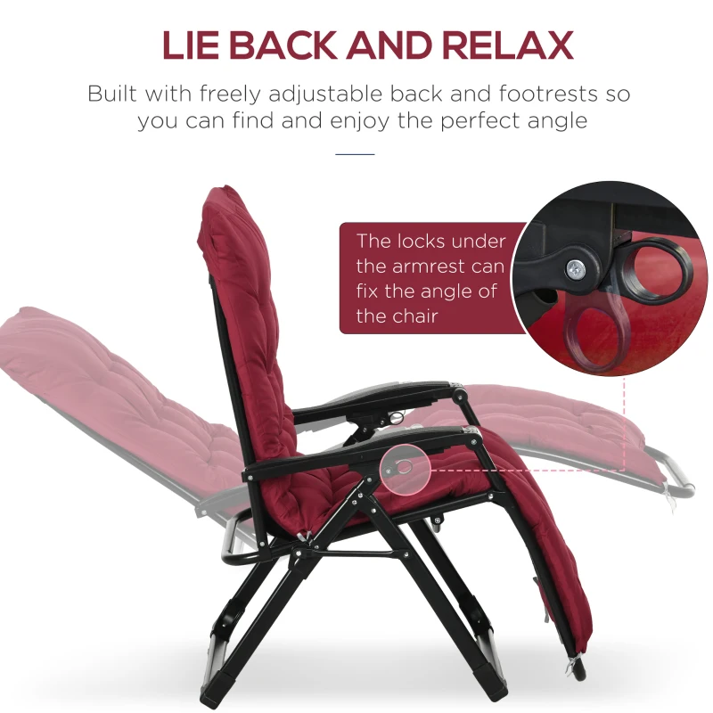 Outsunny Folding Garden Chairs Set of 2, Reclining Zero Gravity Chair, Sun Lounger with Cushion and Headrest, Wine Red