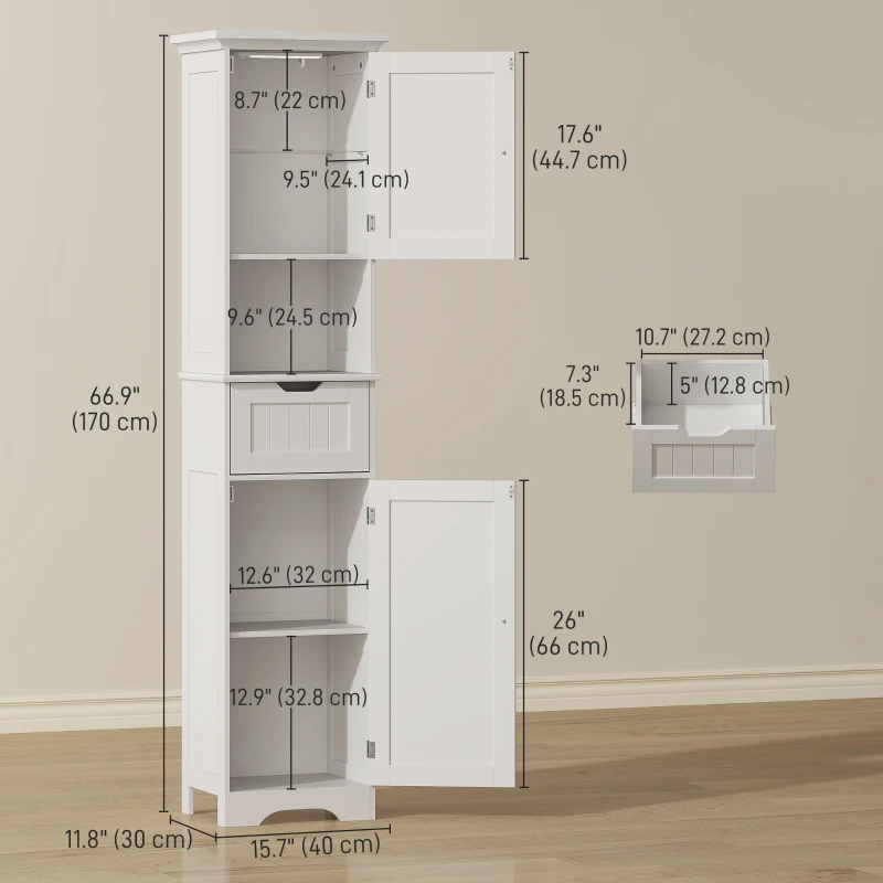 HOMCOM 67" Tall Bathroom Storage Cabinet, Narrow Bathroom Cabinet with LED Light, Adjustable Shelf, Open Compartment, Drawer