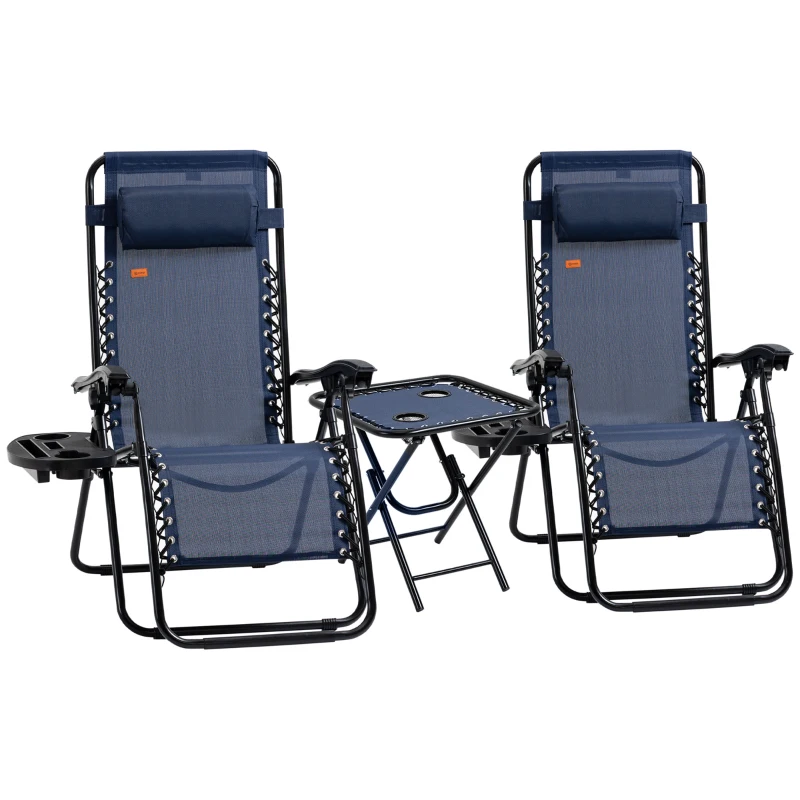 Outsunny Zero Gravity Chair Set of 2 Patio Chair with Side Table Cupholders and Pillows for Pool, Backyard, Lawn, Beach, Blue