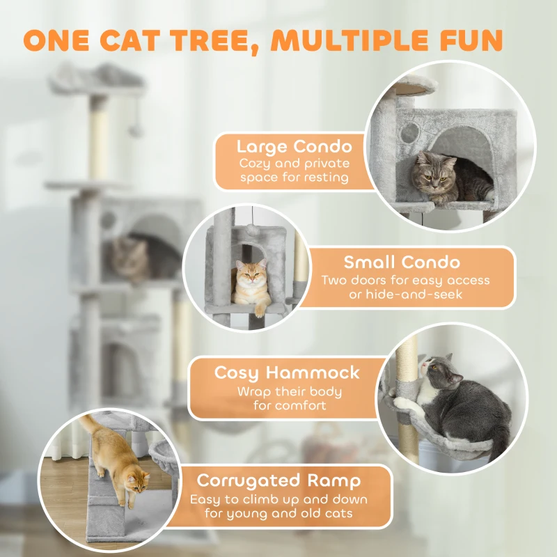 PawHut 63 Inch Cat Tree with Sisal Scratching Posts, Condos, Plush Perches, Hammock, Ladder, Dangling Balls, Light Grey