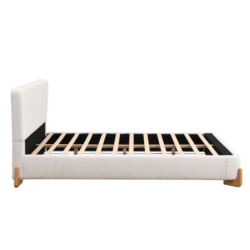 Boucle Upholstered King Bed with 12 Wooden Slats and Solid Feet, Comfortable Bed Frame for Superior Support, 88'' L x 85'' W x 38'' H, White