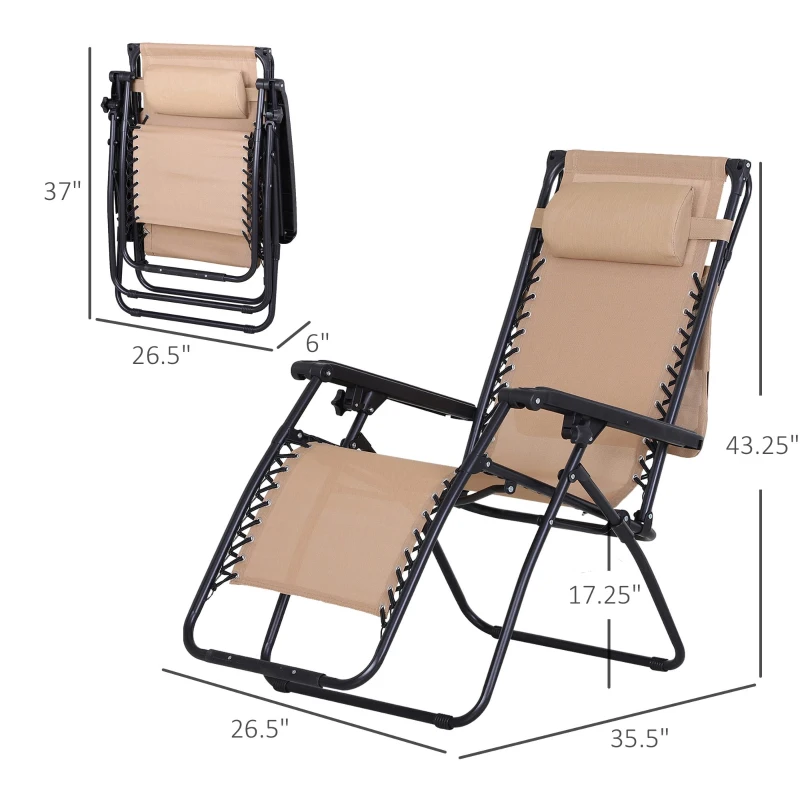 Outsunny 2 Piece Foldable Lounge Chair with Canopy Shade, Outdoor Zero Gravity Chair with Side Tray & Cup Holder, Reclining Lounger with Breathable Mesh Fabric Seat, Pillow, Beige