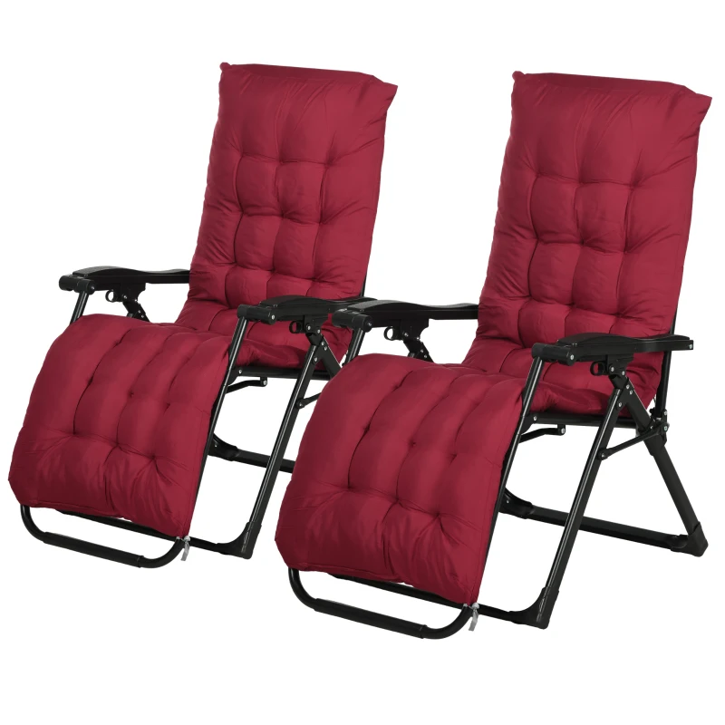 Outsunny Folding Garden Chairs Set of 2, Reclining Zero Gravity Chair, Sun Lounger with Cushion and Headrest, Wine Red