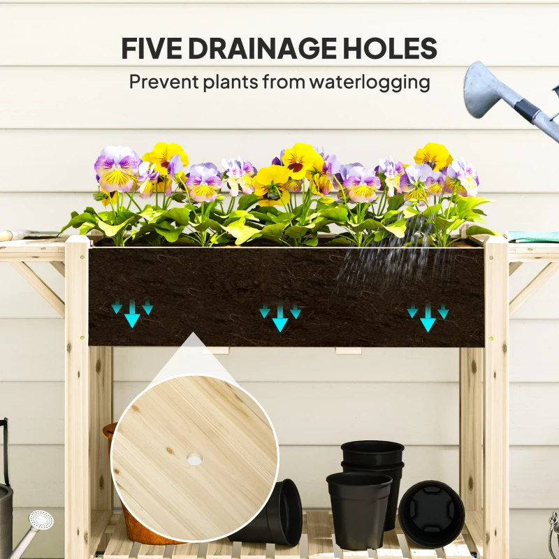 Outsunny Raised Garden Bed, Wood Planter Box with Lockable Wheels, Side Tables, Bottom Shelf, Bed Liner, Drain Holes, Natural