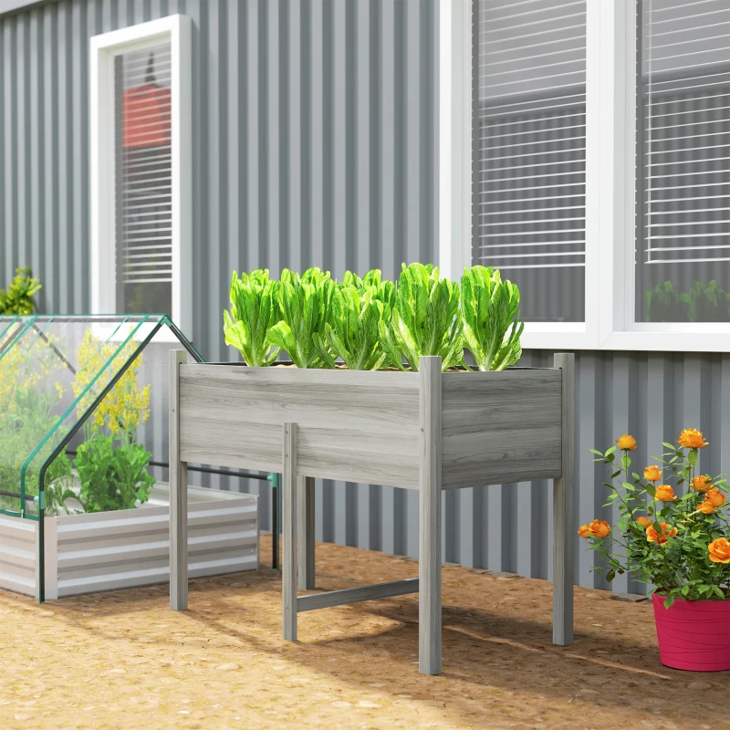 Outsunny Wooden Raised Planter Box with Drain Holes for Vegetables, Flowers, Outdoor Garden Bed, 45.3x21.7x31.5inch, Grey