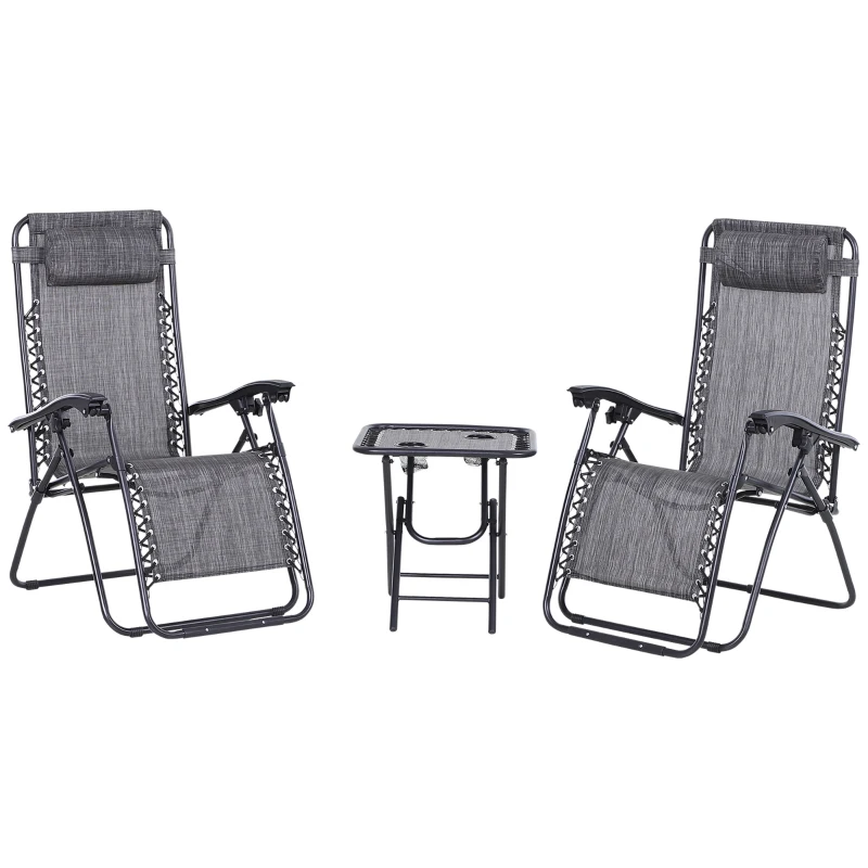Outsunny Zero Gravity Chair Set of 2 Patio Chair with Side Table Cupholders and Pillows for Pool, Backyard, Lawn, Dark Grey