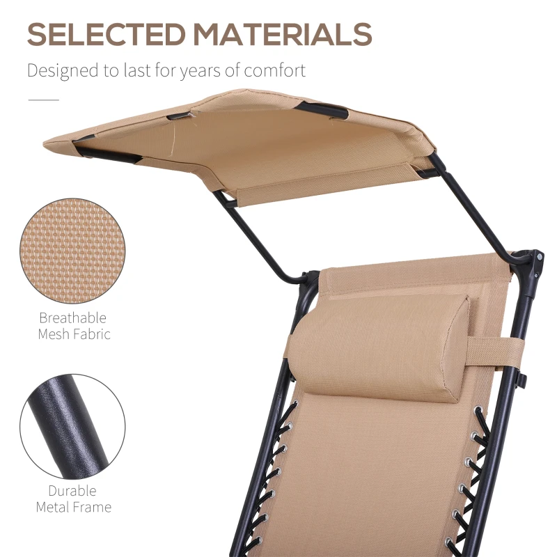 Outsunny Outdoor Zero Gravity Reclining Lounger Chair with Canopy Shade, Side Tray, Cupholder, Beige