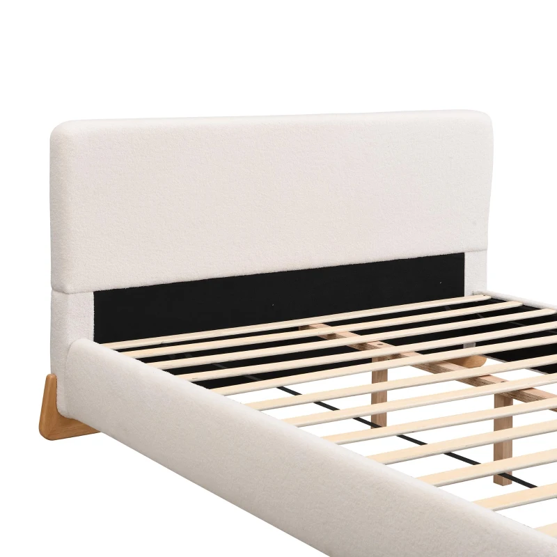 Queen-Size Boucle Upholstered Bed with 12 Wooden Slats & 3 Support Legs, Durable Bed Frame with Solid Feet, 88'' L x 69'' W x 38'' H, White