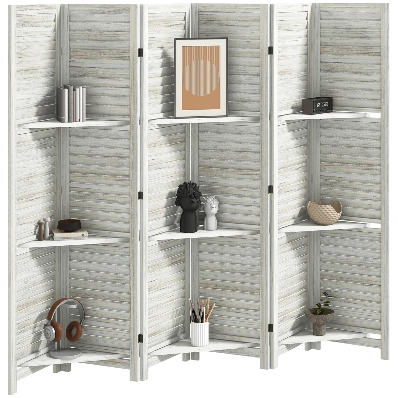 HOMCOM 6 Panel 67" Tall Wood Privacy Screen Room Divider with 3 Shelves and Folding Storage for Bedroom, White