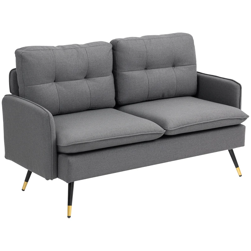 HOMCOM 55" Loveseat Sofa, Linen Love Seat w/ S spring, Steel Legs and Button Tufting, Small Couch for Living Room, Dark Grey