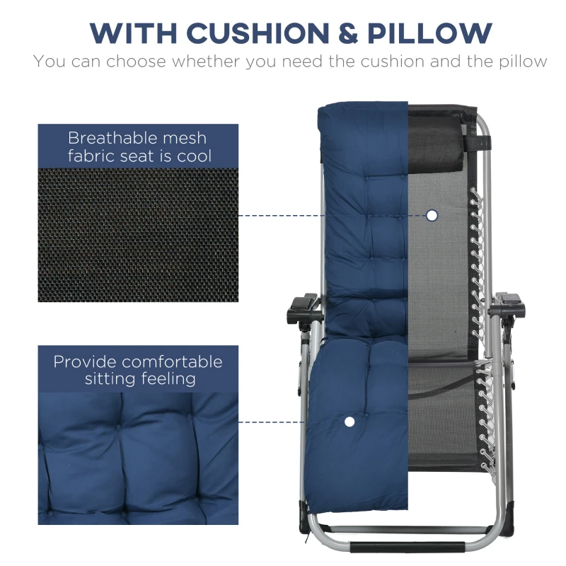 Outsunny Folding Garden Chairs Set of 2, Reclining Zero Gravity Chair, Sun Lounger with Cushion and Headrest, Dark Blue