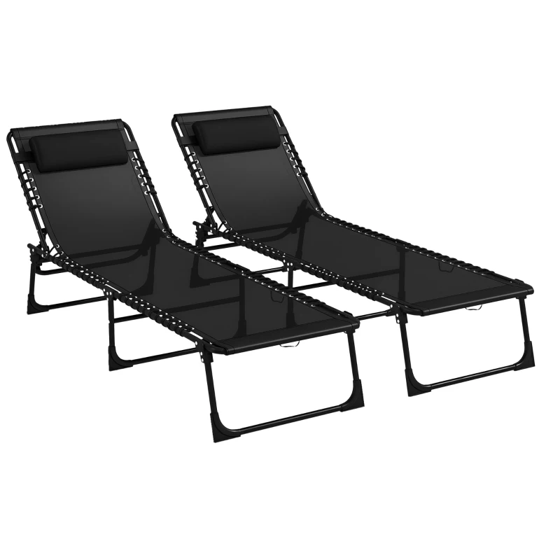 Outsunny 2pcs Folding Lounge Chair, Adjustable Chaise Lounge with Headrest, Reclining Lounger Cot for Camping, Black