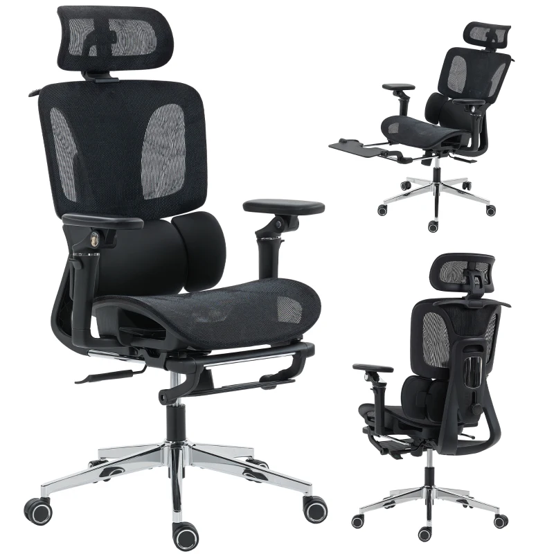 HOMCOM Ergonomic Office Chair, Mesh Computer Chair with High Back, Lumbar Support, 6D Armrests, Headrest, Footrest, Black