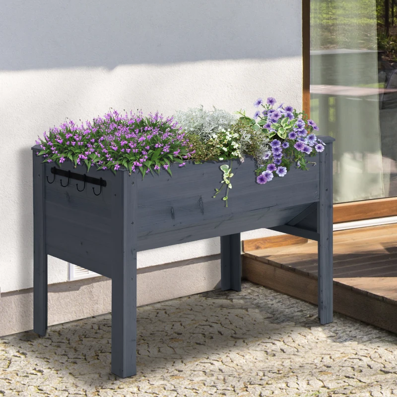 Outsunny Wooden Raised Garden Plant Stand Outdoor Tall Flower Bed Box with Hooks, 48" x 24" x 32", Grey