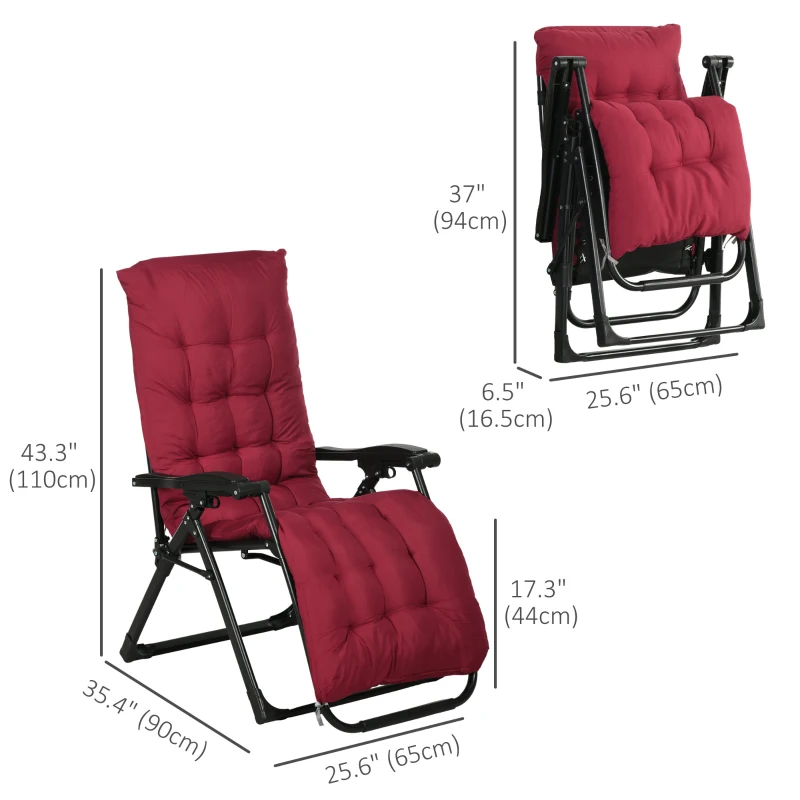 Outsunny Folding Garden Chairs Set of 2, Reclining Zero Gravity Chair, Sun Lounger with Cushion and Headrest, Wine Red