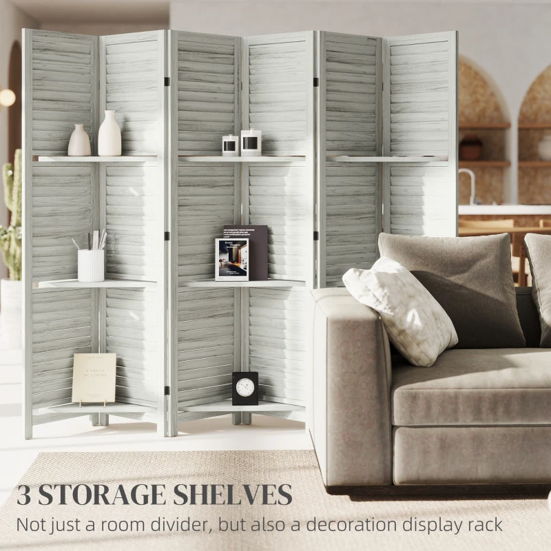 HOMCOM 6 Panel 67" Tall Wood Privacy Screen Room Divider with 3 Shelves and Folding Storage for Bedroom, White