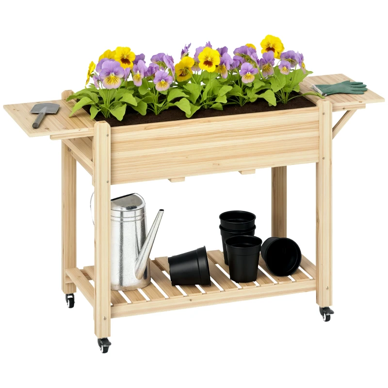 Outsunny Raised Garden Bed, Wood Planter Box with Lockable Wheels, Side Tables, Bottom Shelf, Bed Liner, Drain Holes, Natural