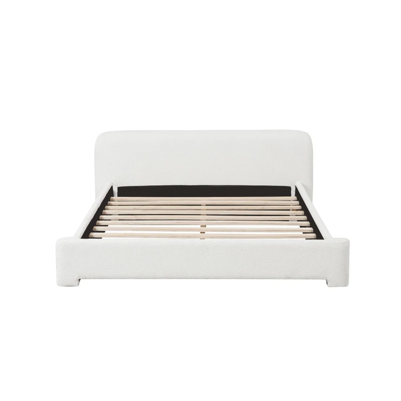 Queen Bouclé Upholstered Bed with 10 Slats, 3 Central Support Legs, Birch Wood Frame for Modern Condos, 87'' L x 71.5'' W x 24'' H, White