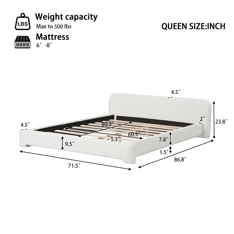 Queen Bouclé Upholstered Bed with 10 Slats, 3 Central Support Legs, Birch Wood Frame for Modern Condos, 87'' L x 71.5'' W x 24'' H, White