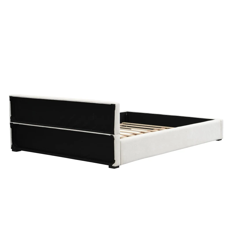 Queen Wide-Edge Bed with 12 Wooden Slats & 3 Support Legs, Solid Bed Frame with a Sturdy Stand, 87.5'' L x 66.5'' W x 27.5''H cm, Beige