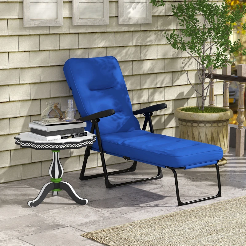 Outsunny Outdoor Lounge Chair with Padded Cushion, Folding Reclining Patio Garden Chair with Recline Back, Footrest, for Poolside, Patio, Blue