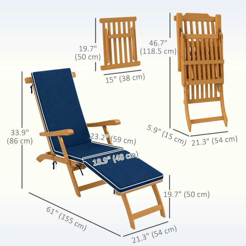 Outsunny Folding Patio Lounge Chair with Padded Cushion, Acacia Wood Patio Lounger Recliner with Footrest for Garden, Navy Blue