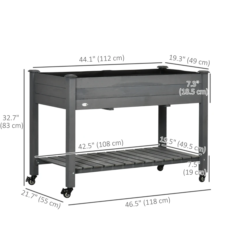 Outsunny Mobile Raised Garden Bed Elevated Wood Planter Box with Lockable Wheels, Storage Shelf for Herbs Vegetables, Dark Grey