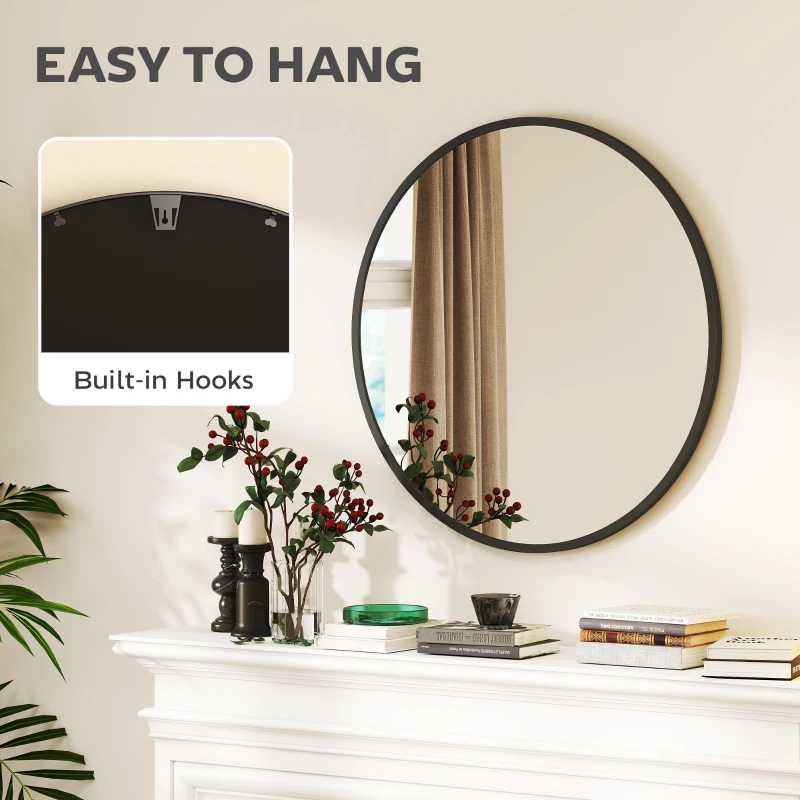 HOMCOM 30" Round Mirror, Bathroom Wall Mirror with Metal Frame, Decorative Vanity Mirror for Living Room, Bedroom, Black