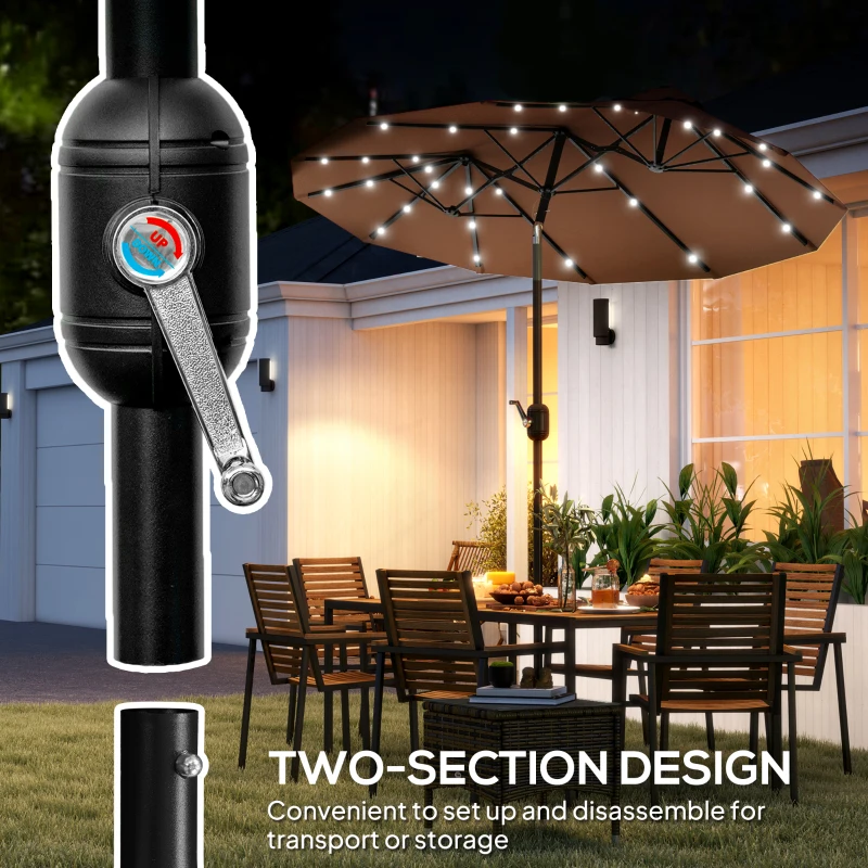 Outsunny Double-sided Patio Umbrella, 9.7 ft. Outdoor Umbrella with 45-Degree Tilt and Crank, LED Solar Light and 12 Ribs, Coffee